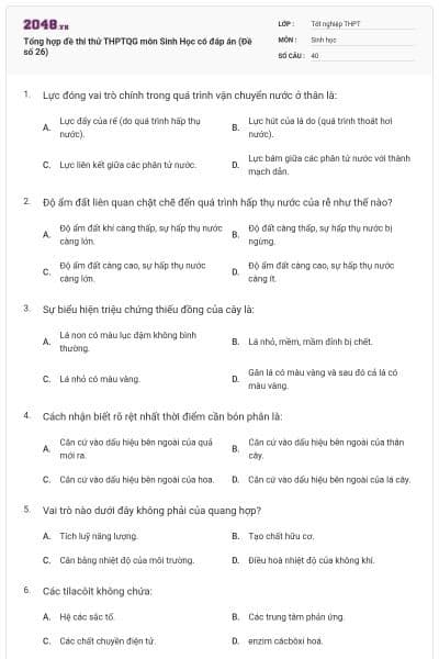 Tổng hợp đề thi thử THPTQG môn Sinh Học có đáp án (Đề số 26)