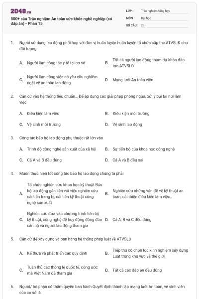 500+ câu Trắc nghiệm An toàn sức khỏe nghề nghiệp (có đáp án) - Phần 15