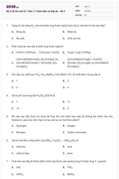 Bộ 3 đề thi cuối kì 1 Hóa 11 Cánh diều có đáp án - Đề 2