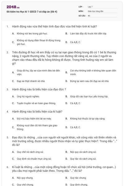 Đề kiểm tra Học kì 1 GDCD 7 có đáp án (Đề 4)