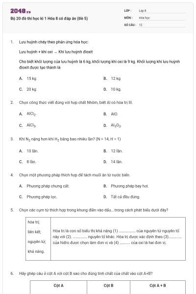 Bộ 20 đề thi học kì 1 Hóa 8 có đáp án (Đề 5)