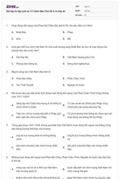 Bài tập ôn tập Lịch sử 12 Cánh diều Chủ đề 5 có đáp án