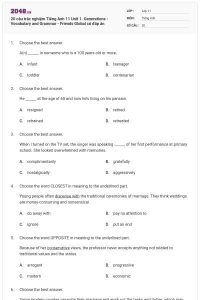 20 câu trắc nghiệm Tiếng Anh 11 Unit 1. Generations - Vocabulary and Grammar - Friends Global có đáp án