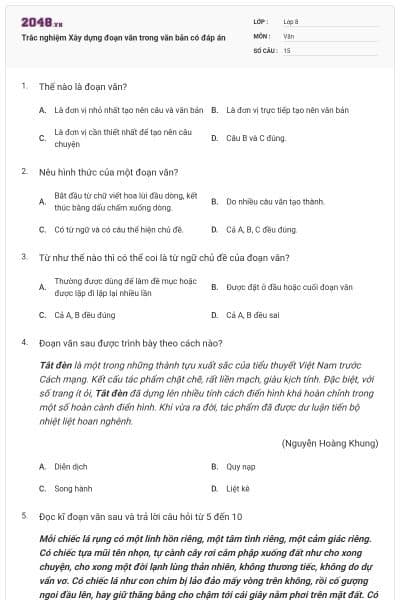Trắc nghiệm Xây dựng đoạn văn trong văn bản có đáp án