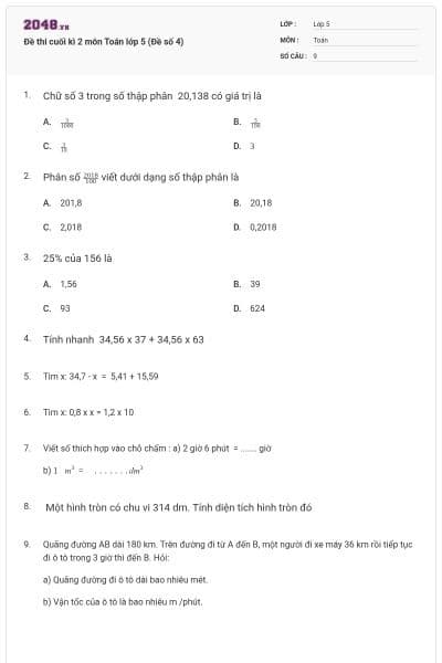Đề thi cuối kì 2 môn Toán lớp 5 (Đề số 4)