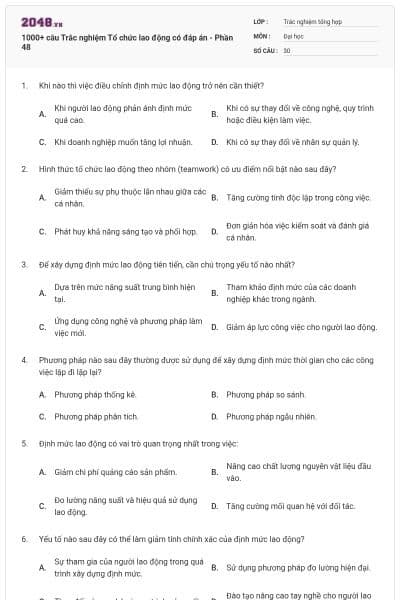 1000+ câu Trắc nghiệm Tổ chức lao động có đáp án - Phần 48