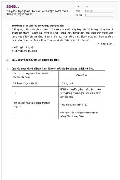 Tiếng Việt lớp 3 (Dành cho buổi học thứ 2) Tuần 22: Tiết 2 (trang 15, 16) có đáp án