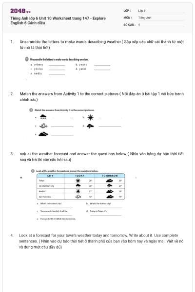 Tiếng Anh lớp 6 Unit 10 Worksheet trang 147 - Explore English 6 Cánh diều