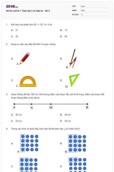 Đề thi cuối kì 1 Toán lớp 3 có đáp án - Đề 4
