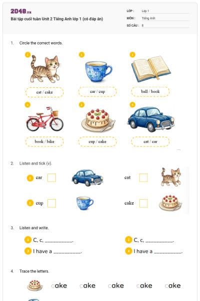 Bài tập cuối tuần Unit 2 Tiếng Anh lớp 1 (có đáp án)