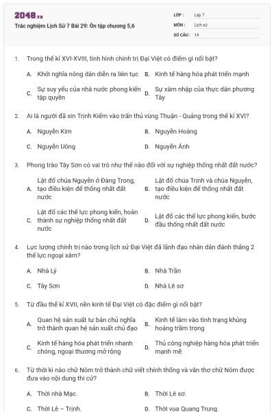 Trắc nghiệm Lịch Sử 7 Bài 29: Ôn tập chương 5,6