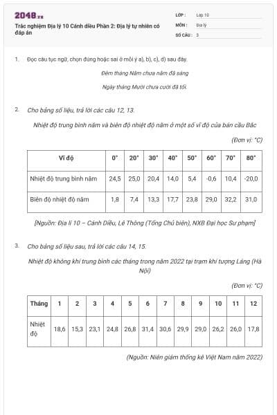 Trắc nghiệm Địa lý 10 Cánh diều Phần 2: Địa lý tự nhiên có đáp án