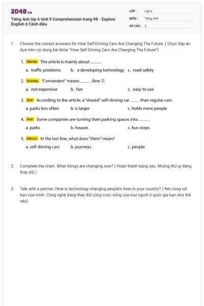 Tiếng Anh lớp 6 Unit 9 Comprehension trang 98 - Explore English 6 Cánh diều