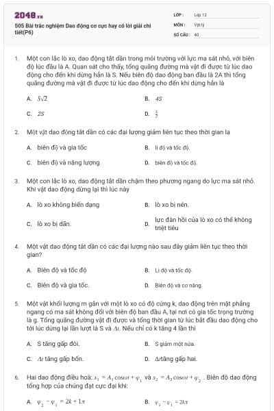 505 Bài trắc nghiệm Dao động cơ cực hay có lời giải chi tiết(P6)