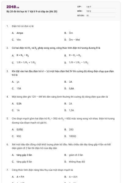 Bộ 20 đề thi học kì 1 Vật lí 9 có đáp án (Đề 20)