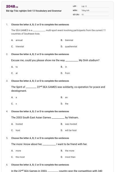 Bài tập Trắc nghiệm Unit 13 Vocabulary and Grammar