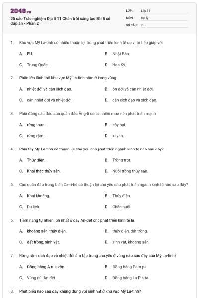 25 câu Trắc nghiệm Địa lí 11 Chân trời sáng tạo Bài 8 có đáp án - Phần 2