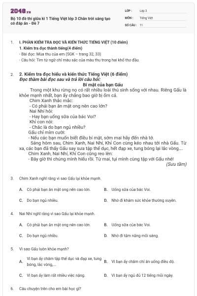 Bộ 10 đề thi giữa kì 1 Tiếng Việt lớp 3 Chân trời sáng tạo có đáp án - Đề 7