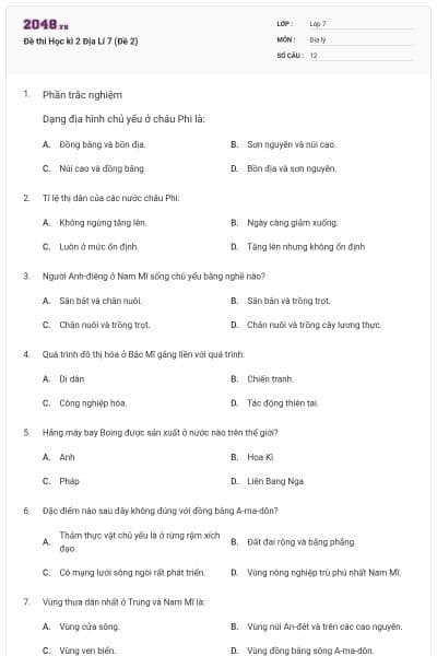 Đề thi Học kì 2 Địa Lí 7 (Đề 2)