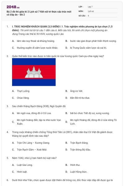 Bộ 2 đề thi giữa kì 2 Lịch sử 7 Kết nối tri thức cấu trúc mới có đáp án - Đề 2