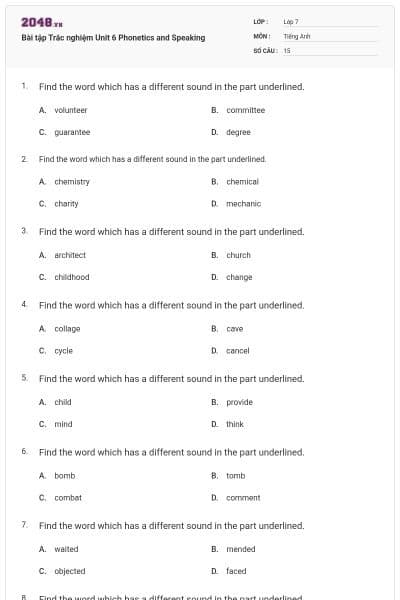 Bài tập Trắc nghiệm Unit 6 Phonetics and Speaking