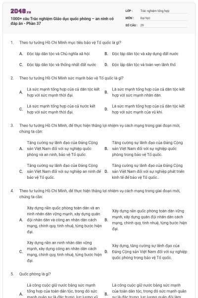 1000+ câu Trắc nghiệm Giáo dục quốc phòng – an ninh có đáp án - Phần 37