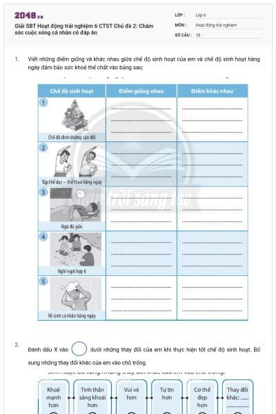 Giải SBT Hoạt động trải nghiệm 6 CTST Chủ đề 2: Chăm sóc cuộc sống cá nhân có đáp án