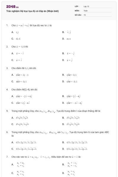 Trắc nghiệm Hệ trục tọa độ có đáp án (Nhận biết)