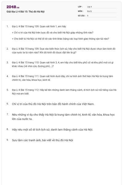 Giải Địa Lí 4 Bài 15: Thủ đô Hà Nội