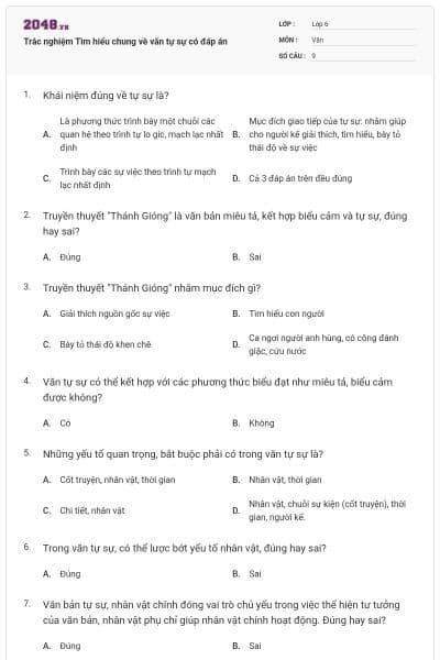 Trắc nghiệm Tìm hiểu chung về văn tự sự có đáp án