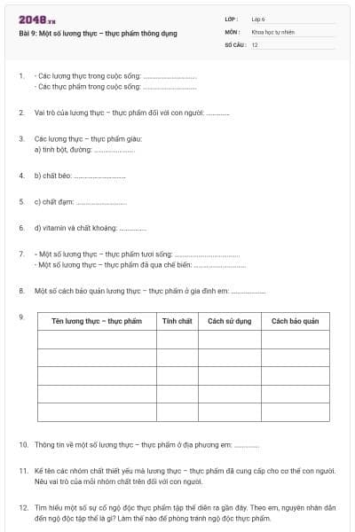Bài 9: Một số lương thực – thực phẩm thông dụng