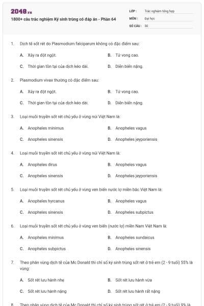 1800+ câu trắc nghiệm Ký sinh trùng có đáp án - Phần 64