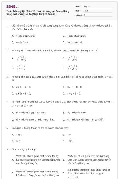 7 câu Trắc nghiệm Toán 10 chân trời sáng tạo Đường thẳng trong mặt phẳng tọa độ (Nhận biết) có đáp án