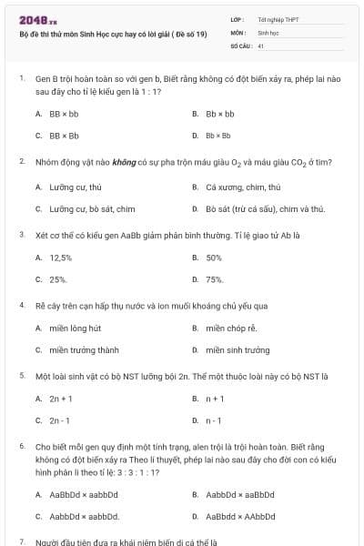 Bộ đề thi thử môn Sinh Học cực hay có lời giải ( Đề số 19)