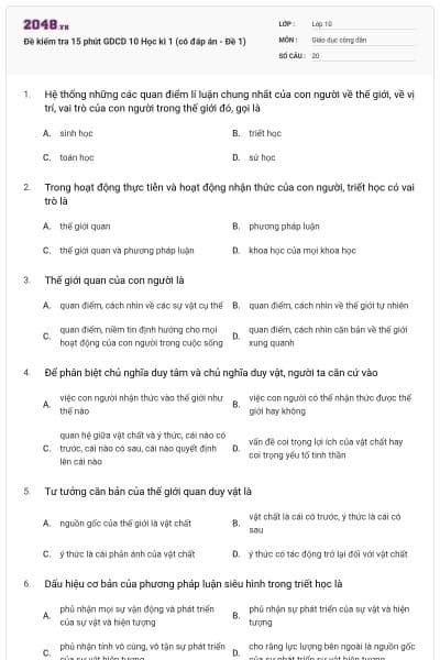 Đề kiểm tra 15 phút GDCD 10 Học kì 1 (có đáp án - Đề 1)