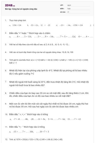 Bài tập: Cộng hai số nguyên cùng dấu