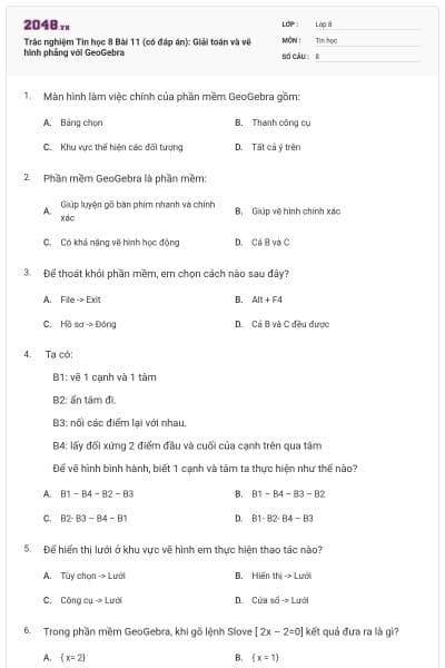 Trắc nghiệm Tin học 8 Bài 11 (có đáp án): Giải toán và vẽ hình phẳng với GeoGebra