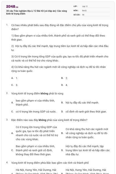 30 câu Trắc nghiệm Địa Lí 12 Bài 43 (có đáp án): Các vùng kinh tế trọng điểm