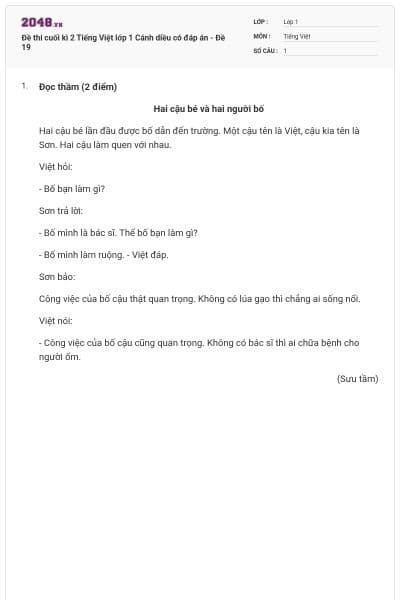 Đề thi cuối kì 2 Tiếng Việt lớp 1 Cánh diều có đáp án - Đề 19