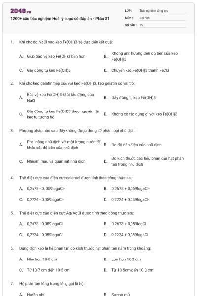 1200+ câu trắc nghiệm Hoá lý dược có đáp án - Phần 31