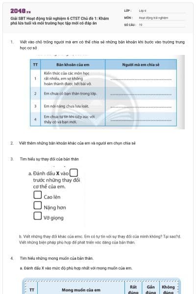 Giải SBT Hoạt động trải nghiệm 6 CTST Chủ đề 1: Khám phá lứa tuổi và môi trường học tập mới có đáp án
