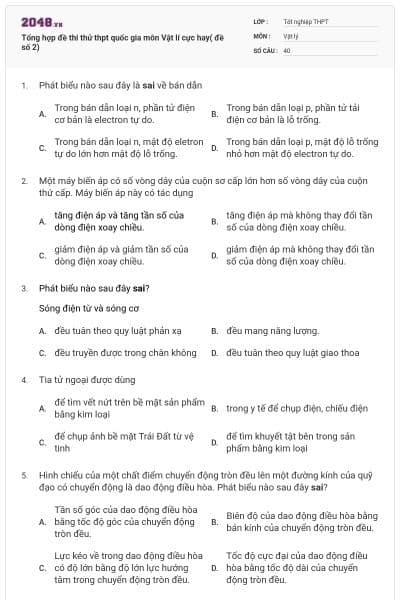 Tổng hợp đề thi thử thpt quốc gia môn Vật lí cực hay( đề số 2)