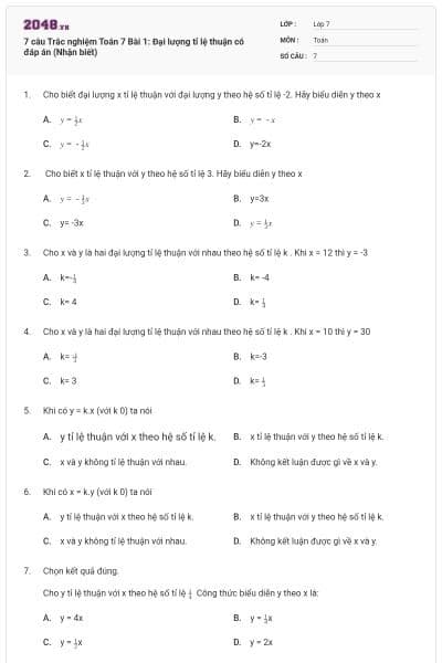 7 câu Trắc nghiệm Toán 7 Bài 1: Đại lượng tỉ lệ thuận có đáp án (Nhận biết)