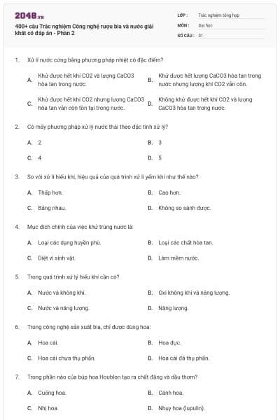 400+ câu Trắc nghiệm Công nghệ rượu bia và nước giải khát có đáp án - Phần 2