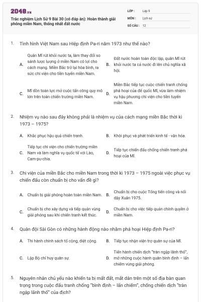 Trắc nghiệm Lịch Sử 9 Bài 30 (có đáp án): Hoàn thành giải phóng miền Nam, thống nhất đất nước
