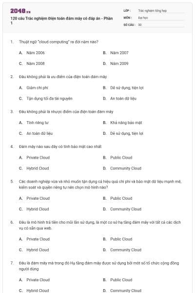 120 câu Trắc nghiệm Điện toán đám mây có đáp án - Phần 1