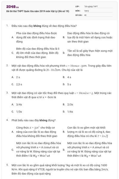 Đề thi thử THPT Quốc Gia năm 2019 môn Vật Lý (Đề số 19)