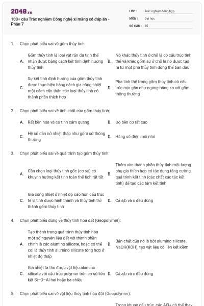 100+ câu Trắc nghiệm Công nghệ xi măng có đáp án - Phần 7
