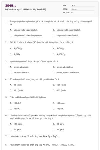 Bộ 20 đề thi học kì 1 Hóa 8 có đáp án (Đề 20)