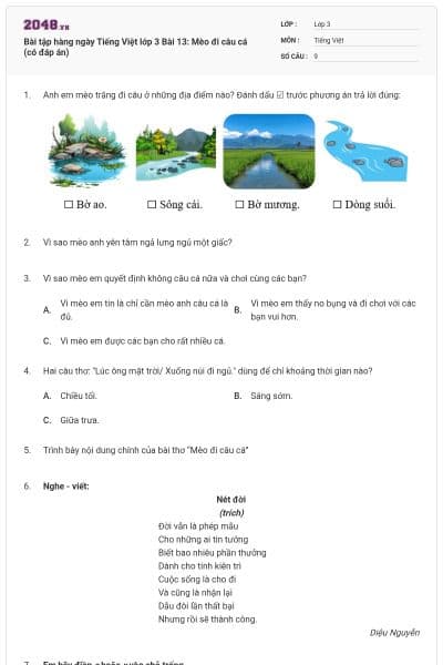 Bài tập hàng ngày Tiếng Việt lớp 3 Bài 13: Mèo đi câu cá (có đáp án)